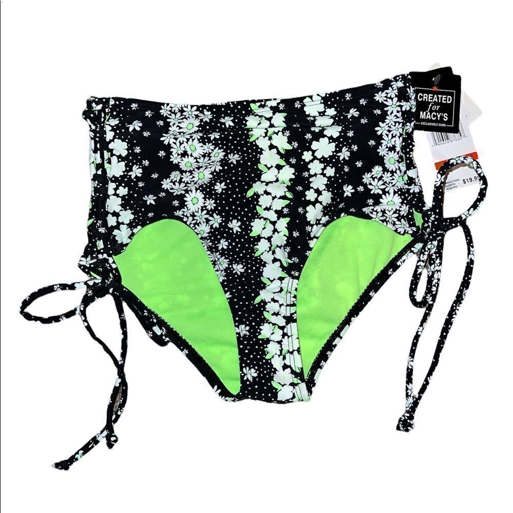 California Waves Juniors Floral Print Lace-Up Bikini Bottom Black Multi XS NWT